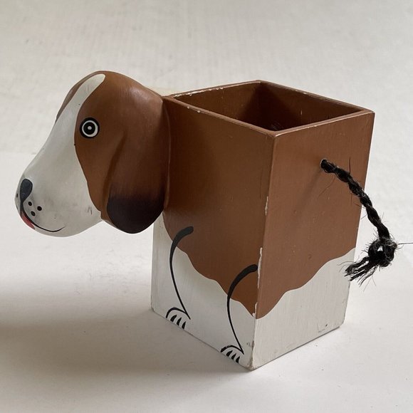 Basset Hound Wooden Pencil Pen Holder Organizer Home Decor Dog Lover White Brown - Picture 2 of 6